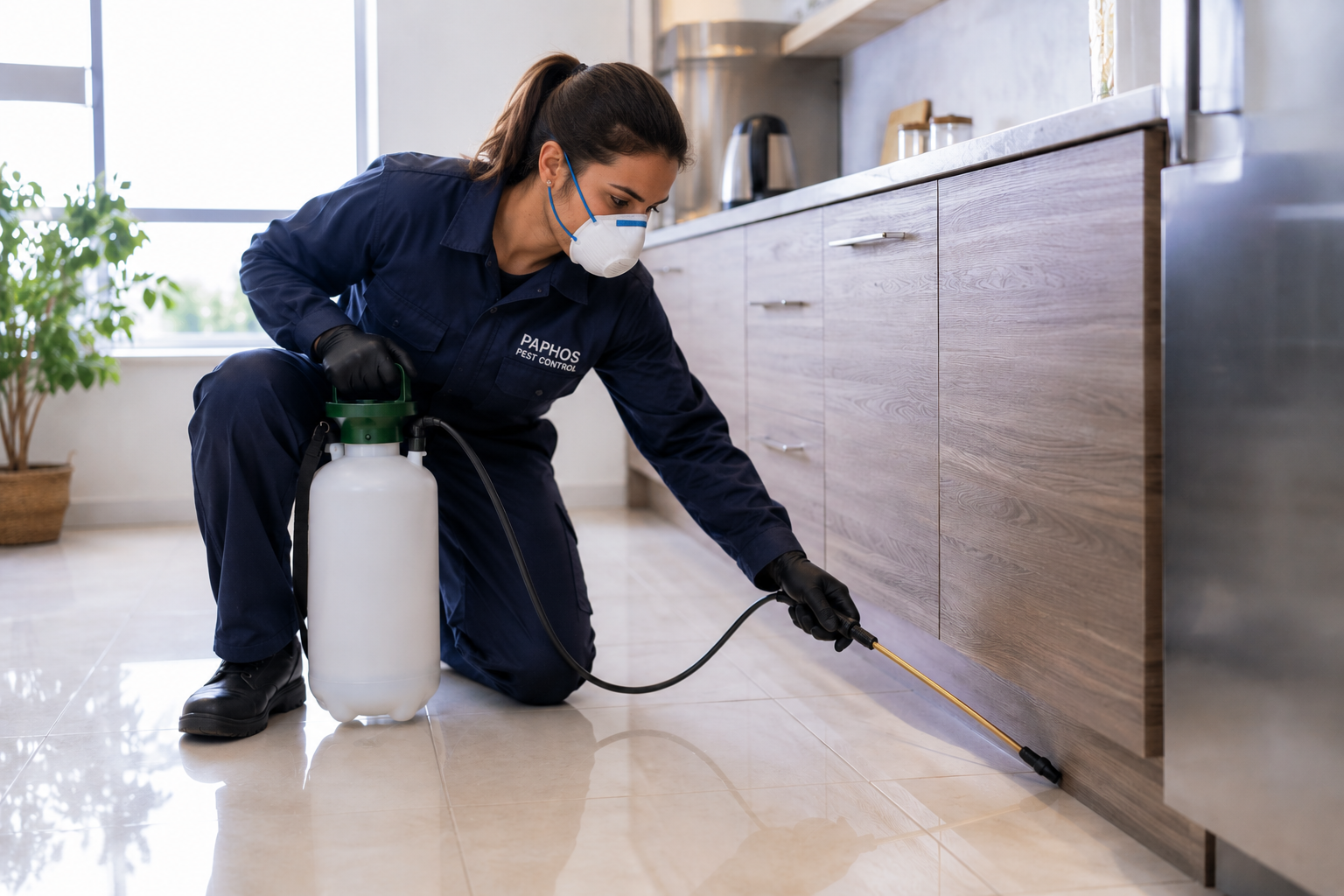 Paphos pest control technician treating a kitchen cabinet area